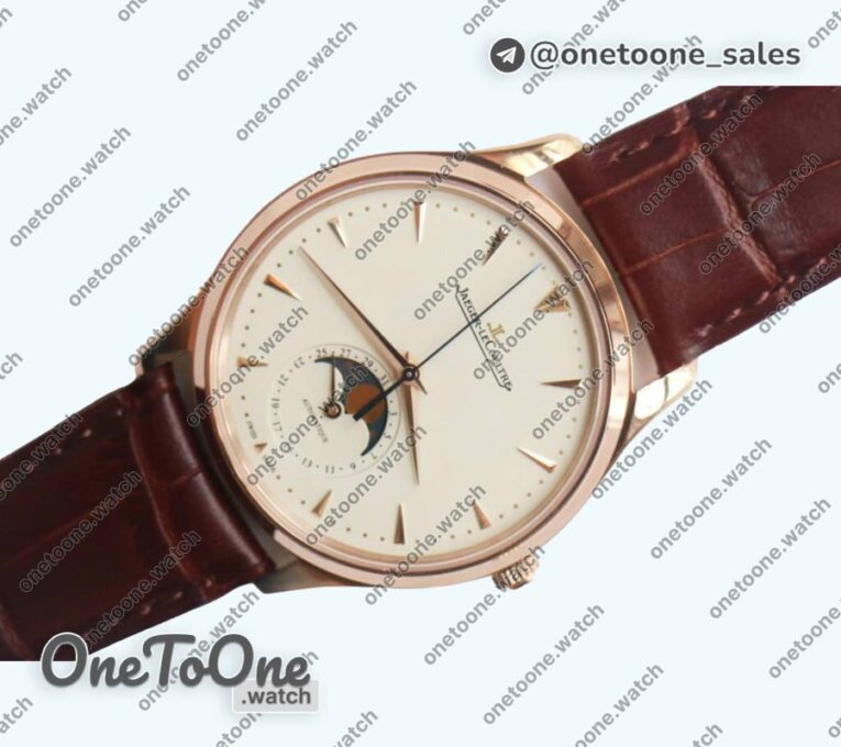 Реплика часов Jaeger-lecoultre Master Ultra Thin Moon 1362520 Rose gold Top-tier Копия один в один White Dial on Brown Leather Strap