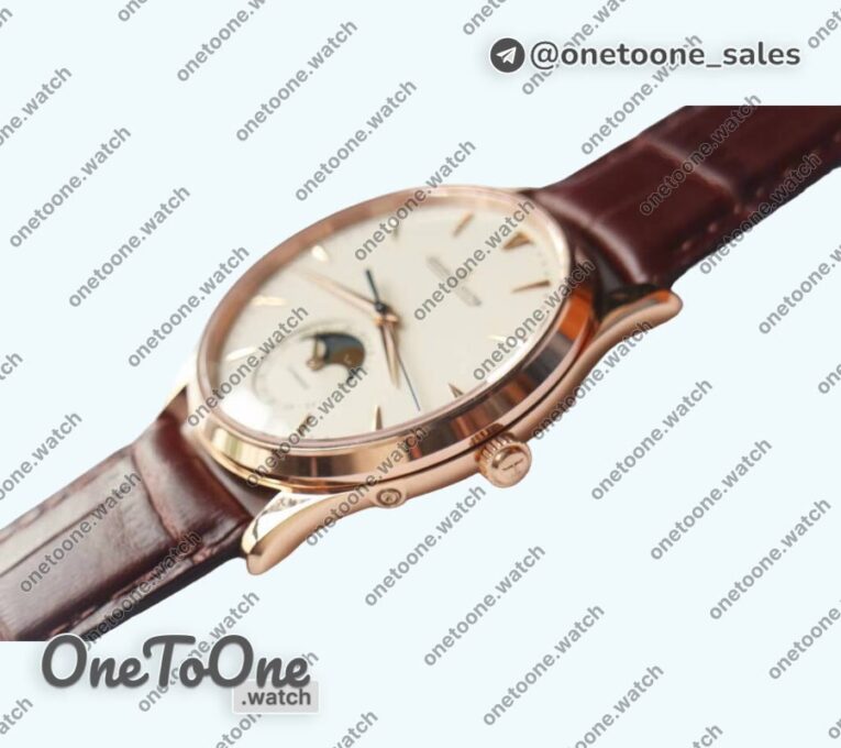 Реплика часов Jaeger-lecoultre Master Ultra Thin Moon 1362520 Rose gold Top-tier Копия один в один White Dial on Brown Leather Strap