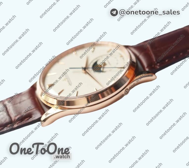 Реплика часов Jaeger-lecoultre Master Ultra Thin Moon 1362520 Rose gold Top-tier Копия один в один White Dial on Brown Leather Strap