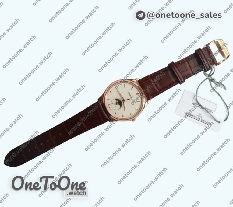 Реплика часов Jaeger-lecoultre Master Ultra Thin Moon 1362520 Rose gold Top-tier Копия один в один White Dial on Brown Leather Strap