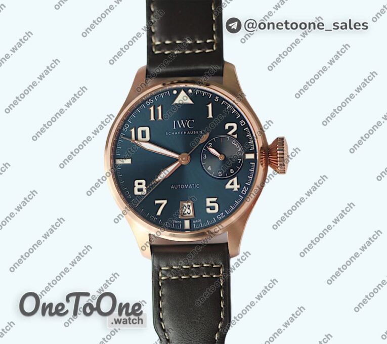 Реплика часов Iwc Big Pilot Real PR IW500909 "Le Petit Prince" Rose gold Blue Dial Top-tier Копия один в один on Brown Leather Strap