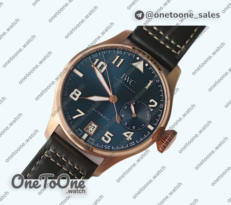 Реплика часов Iwc Big Pilot Real PR IW500909 "Le Petit Prince" Rose gold Blue Dial Top-tier Копия один в один on Brown Leather Strap