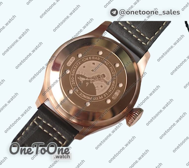 Реплика часов Iwc Big Pilot Real PR IW500909 "Le Petit Prince" Rose gold Blue Dial Top-tier Копия один в один on Brown Leather Strap