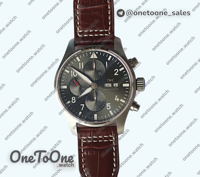 Реплика часов Iwc Pilot Chrono Stainless steel IW377719 Top-tier Копия один в один Grey Dial Brown Leather Strap