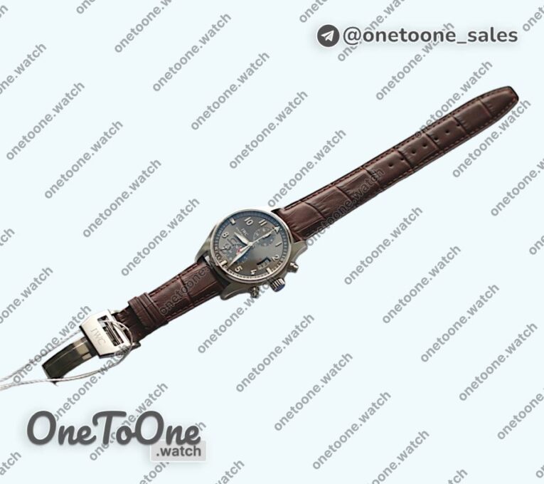 Реплика часов Iwc Pilot Chrono Stainless steel IW387802 Grey Dial Top-tier Копия один в один Brown Leather Strap