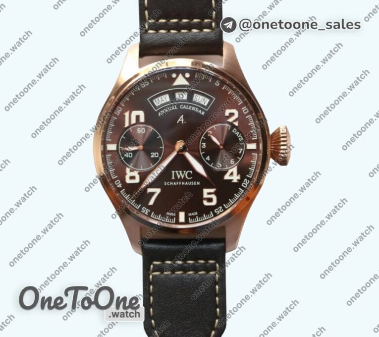 Реплика часов Iwc Big Pilot Real PR IW502706 Rose gold Top-tier Копия один в один Brown Dial on Black Calfskin Strap