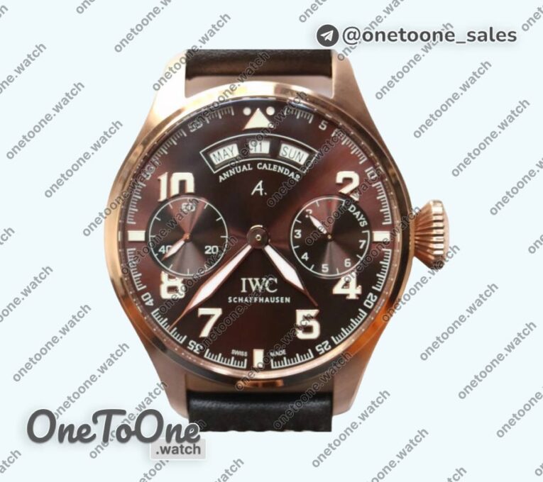Реплика часов Iwc Big Pilot Real PR IW502706 Rose gold Top-tier Копия один в один Brown Dial on Black Calfskin Strap