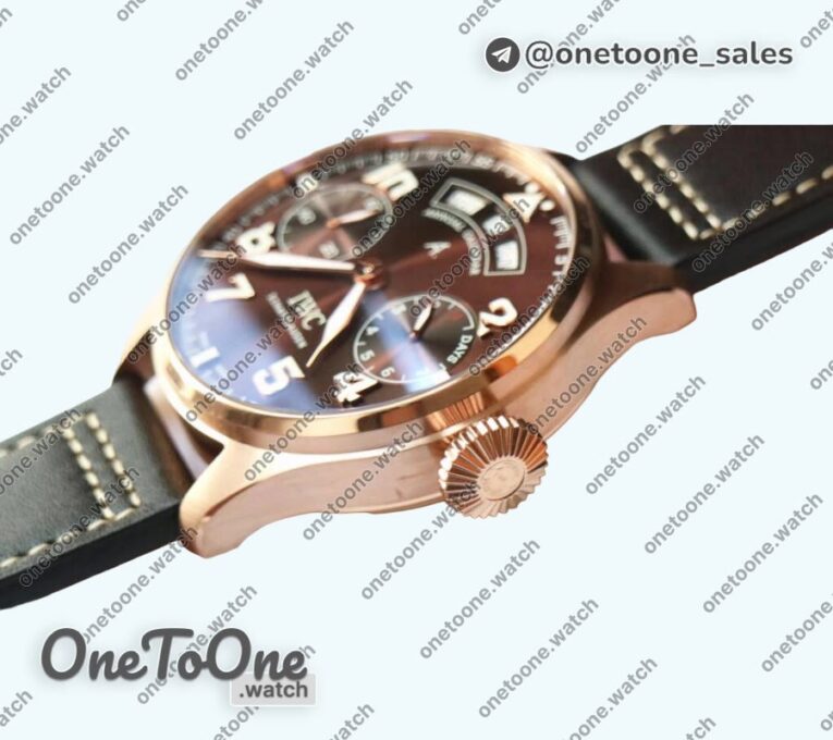 Реплика часов Iwc Big Pilot Real PR IW502706 Rose gold Top-tier Копия один в один Brown Dial on Black Calfskin Strap