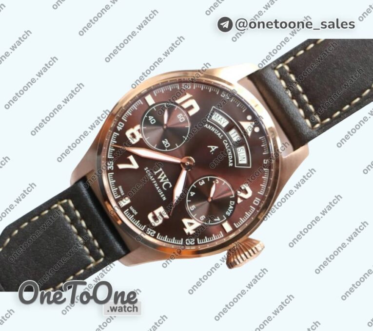 Реплика часов Iwc Big Pilot Real PR IW502706 Rose gold Top-tier Копия один в один Brown Dial on Black Calfskin Strap
