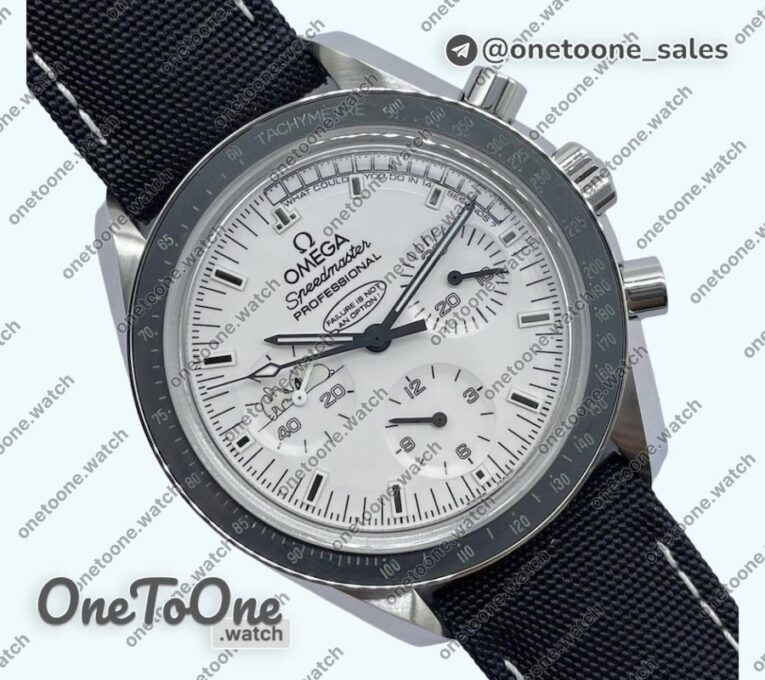 Реплика часов Omega Speedmaster Stainless steel Snoopy Top-tier Копия один в один White Dial Black Nylon Strap Manual Winding Chrono Movement