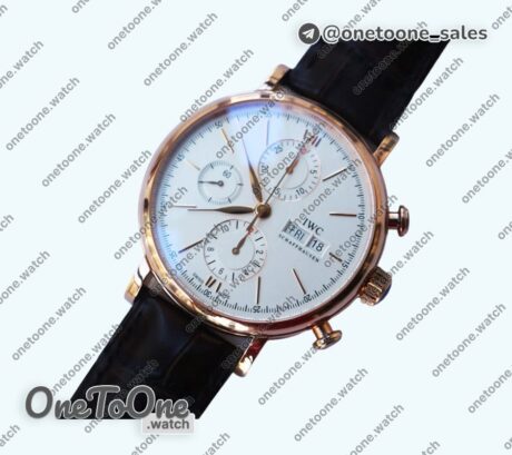 Реплика часов Iwc Portofino Chrono Rose gold Top-tier Копия один в один White Dial Brown Leather Strap