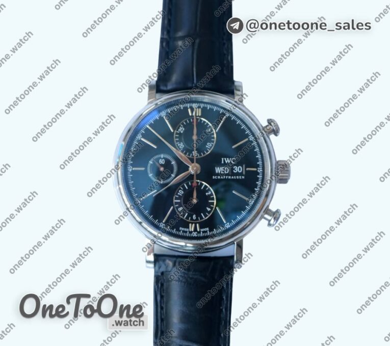 Реплика часов Iwc Portofino Chrono Stainless steel Top-tier Копия один в один Blue Dial on Blue Leather Strap