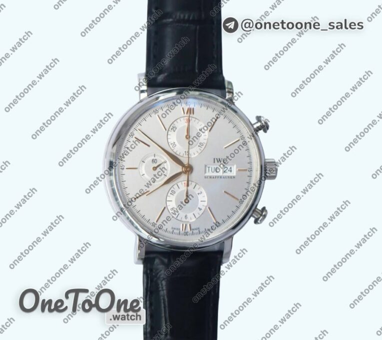 Реплика часов Iwc Portofino Chrono Stainless steel Top-tier Копия один в один White Dial Gold Markers Leather Strap