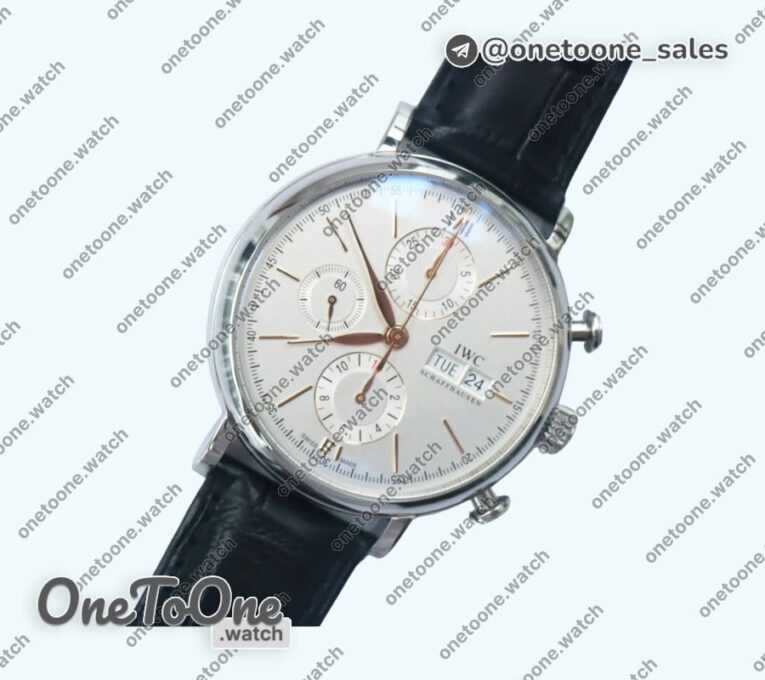 Реплика часов Iwc Portofino Chrono Stainless steel Top-tier Копия один в один White Dial Gold Markers Leather Strap