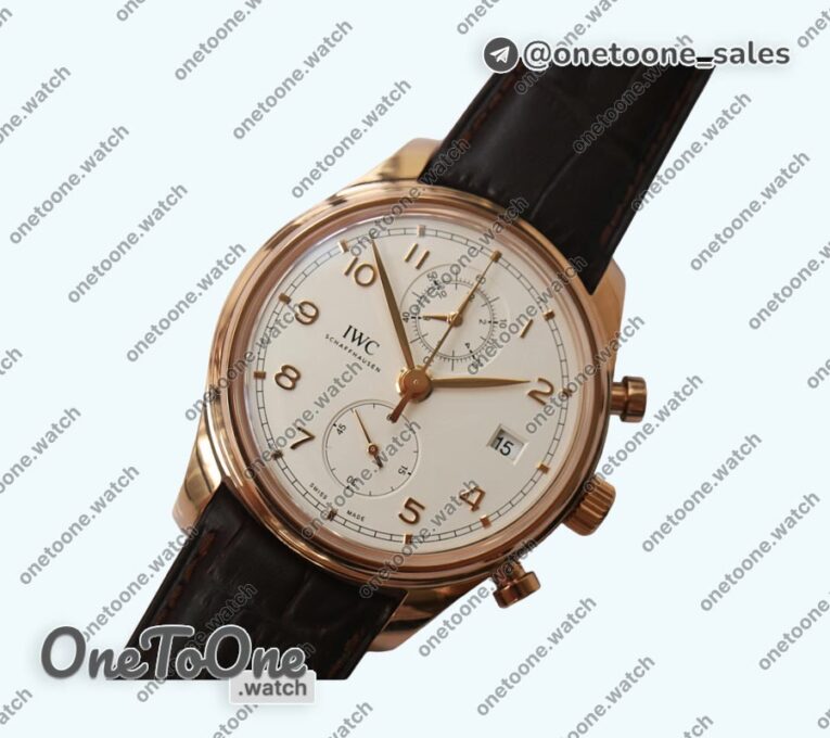 Реплика часов Iwc Portugieser Chrono Classic 42 IW390406 Rose gold Top-tier Копия один в один Blue&White dial Leather Strap
