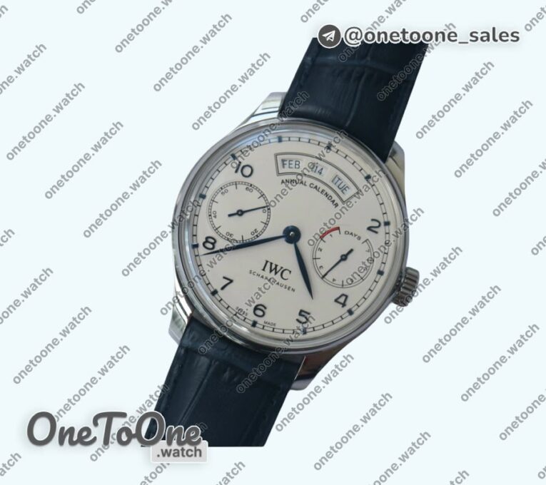 Реплика часов Iwc Portuguese Real PR Real Annual Calendar IW5035 Top-tier Копия один в один White Dial Blue Markers on Blue Leather Strap