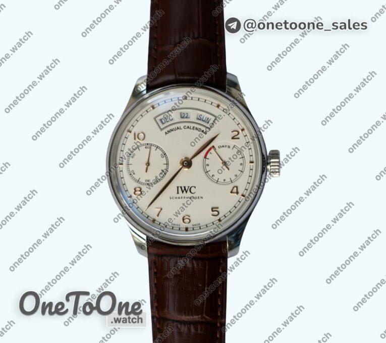 Реплика часов Iwc Portuguese Real PR Real Annual Calendar IW5035 Top-tier Копия один в один White Dial Rose gold Markers on Brown Leather Strap