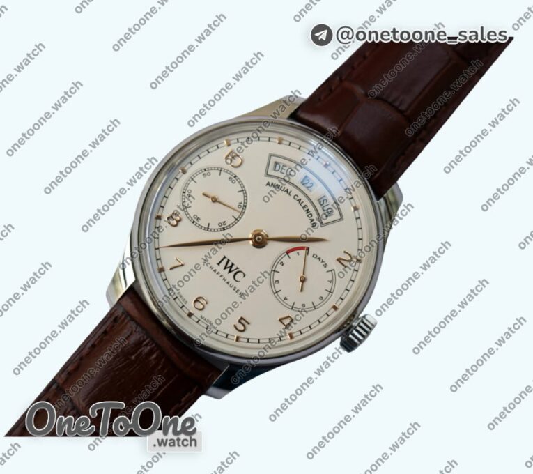Реплика часов Iwc Portuguese Real PR Real Annual Calendar IW5035 Top-tier Копия один в один White Dial Rose gold Markers on Brown Leather Strap