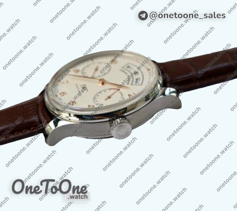 Реплика часов Iwc Portuguese Real PR Real Annual Calendar IW5035 Top-tier Копия один в один White Dial Rose gold Markers on Brown Leather Strap