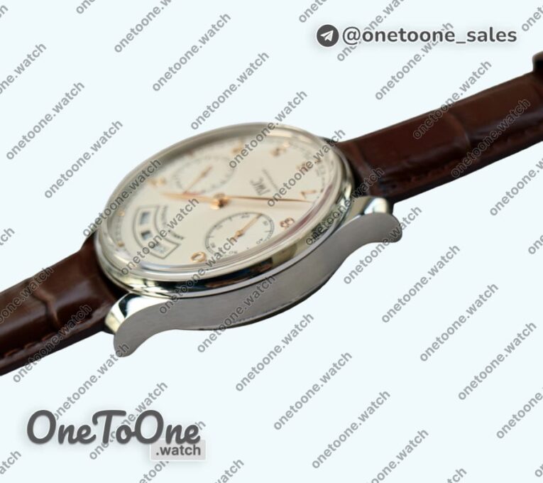 Реплика часов Iwc Portuguese Real PR Real Annual Calendar IW5035 Top-tier Копия один в один White Dial Rose gold Markers on Brown Leather Strap