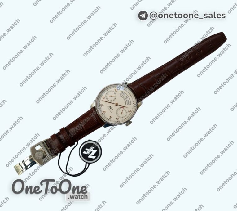 Реплика часов Iwc Portuguese Real PR Real Annual Calendar IW5035 Top-tier Копия один в один White Dial Rose gold Markers on Brown Leather Strap
