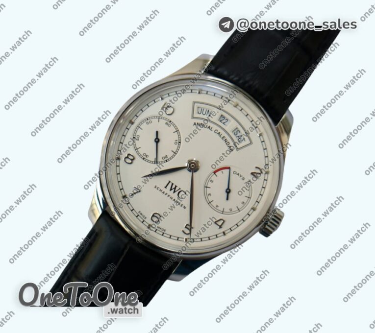 Реплика часов Iwc Portuguese Real PR Real Annual Calendar IW503501 Top-tier Копия один в один White&Black Dial Black Leather Strap