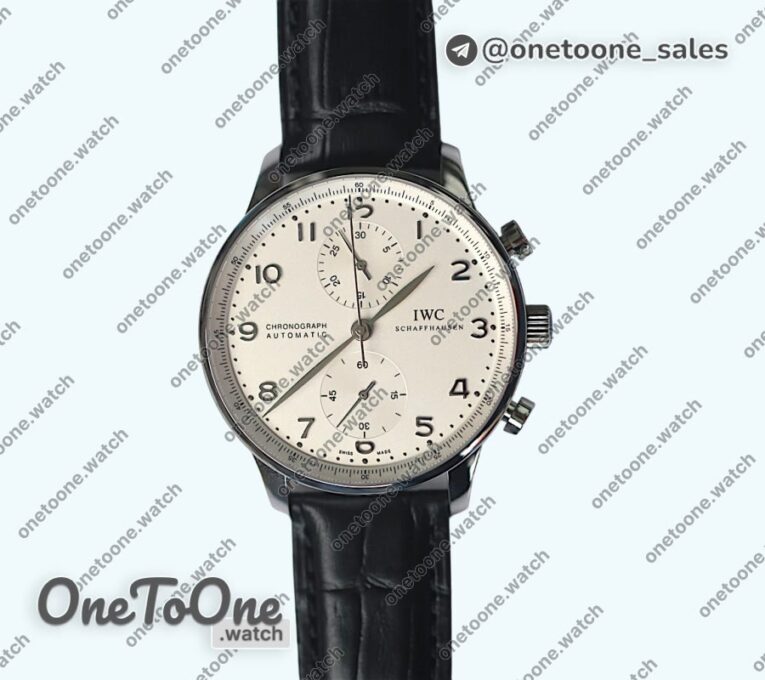 Реплика часов Iwc Portuguese Chrono Top-tier Копия один в один Stainless steel White Dial Stainless steel Markers Leather Strap V3 (Slim Movement)