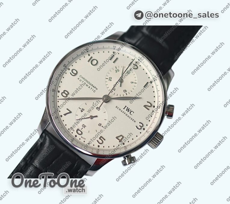 Реплика часов Iwc Portuguese Chrono Top-tier Копия один в один Stainless steel White Dial Stainless steel Markers Leather Strap V3 (Slim Movement)