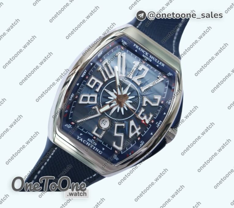 Реплика часов Franck Muller Vanguard V45 Yachting Stainless steel Top-tier Копия один в один Blue Textured Dial Blue Gummy Strap