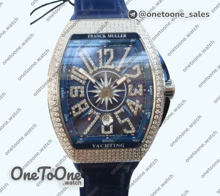 Реплика часов Franck Muller Vanguard V45 Stainless steel Full Diamonds Top-tier Копия один в один Blue Textured Dial on Blue Rubber Strap MIYOTA 9015