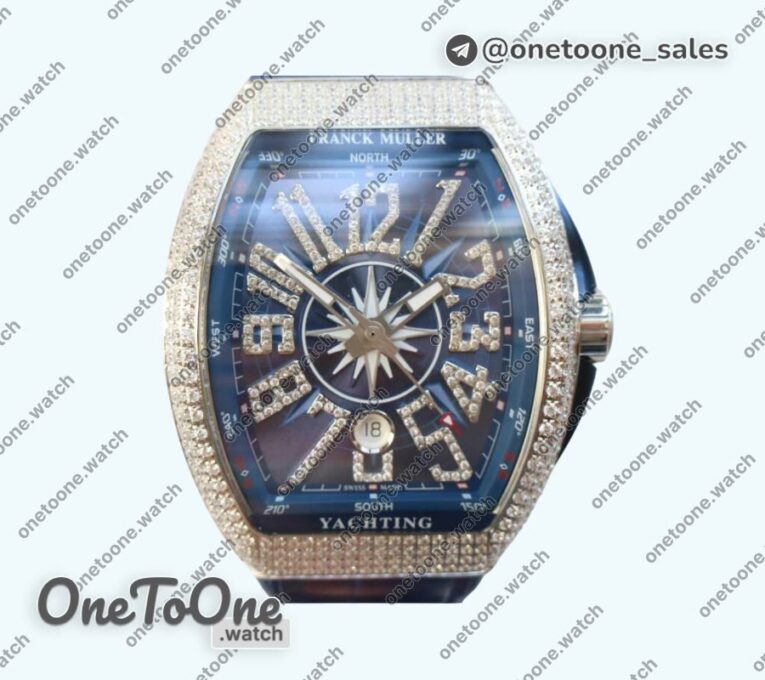 Реплика часов Franck Muller Vanguard V45 Stainless steel Full Diamonds Top-tier Копия один в один Blue Textured Dial on Blue Rubber Strap MIYOTA 9015