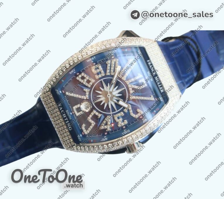 Реплика часов Franck Muller Vanguard V45 Stainless steel Full Diamonds Top-tier Копия один в один Blue Textured Dial on Blue Rubber Strap MIYOTA 9015