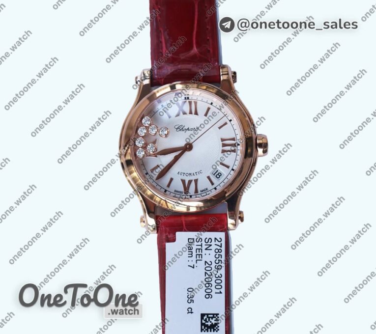 Реплика часов Chopard Happy Sport 36mm Rose gold Top-tier Копия один в один White Dial on Red Leather Strap