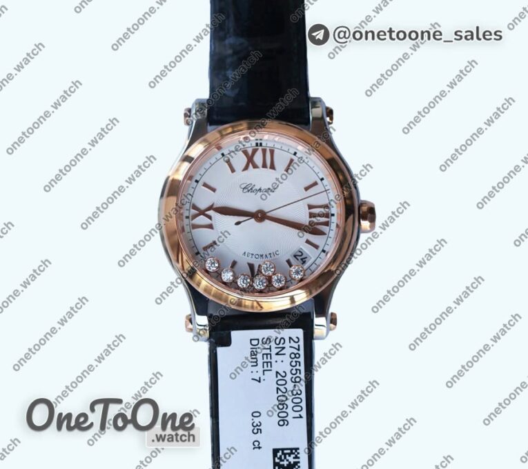 Реплика часов Chopard Happy Sport 36mm Stainless steel/Rose gold Top-tier Копия один в один White Dial Leather Strap