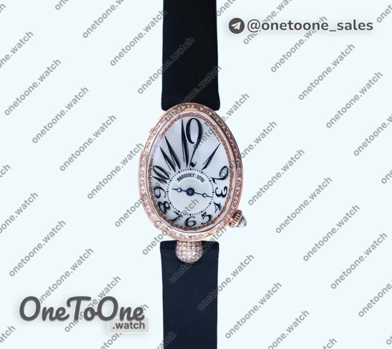 Реплика часов Breguet Reine de Naples 8928BB 33mm Rose gold Top-tier Копия один в один White MOP Dial Numeral Markers Diamonds Bezel on Black Fabric Strap