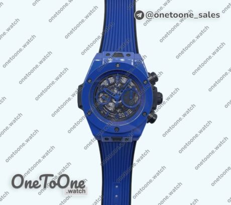 Реплика часов Hublot Big Bang Unico Blue Magic Ceramic Top-tier Копия один в один Skeleton Dial Blue Rubber Strap