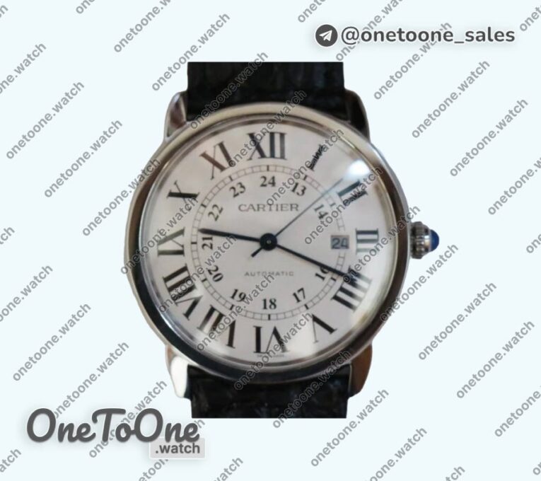 Реплика часов Cartier Ronde Solo de Cartier 42mm Top-tier Копия один в один White Dial on Black Leather Strap MIYOTA 9015