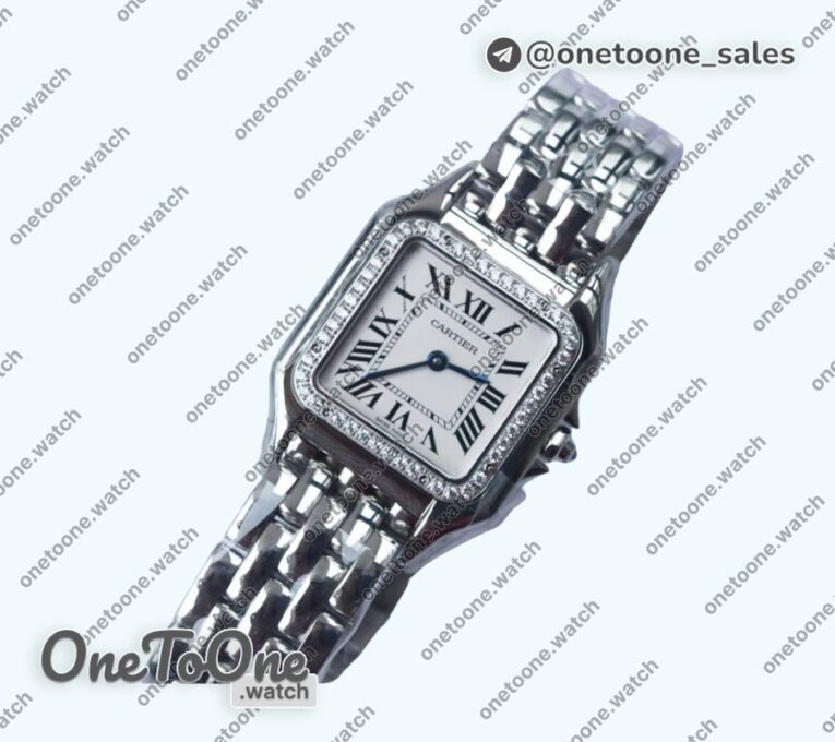Реплика часов Cartier Panthère Secrete Ladies 27mm Diamond Bezel Stainless steel Top-tier Копия один в один White Dial Stainless steel Bracelet Ronda Quartz