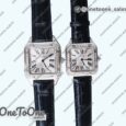 Реплика часов Cartier Santos De Cartier Stainless steel Diamonds Bezel Whtie Dial Leather Swiss Quartz
