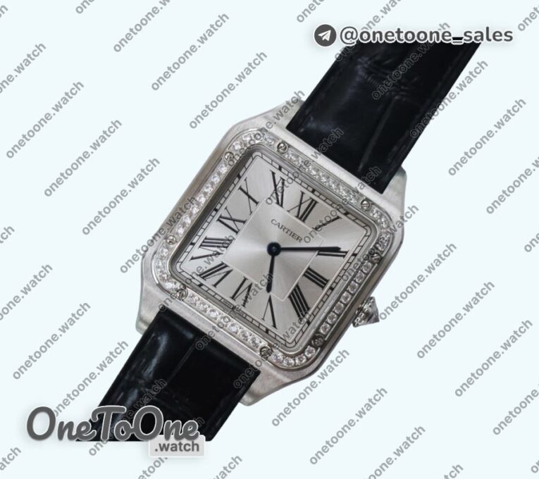 Реплика часов Cartier Santos De Cartier Stainless steel Diamonds Bezel Whtie Dial Leather Swiss Quartz