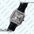Реплика часов Cartier Santos De Cartier Stainless steel Diamonds Bezel Whtie Dial Leather Swiss Quartz