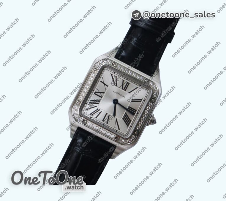 Реплика часов Cartier Santos De Cartier Stainless steel Diamonds Bezel Whtie Dial Leather Swiss Quartz