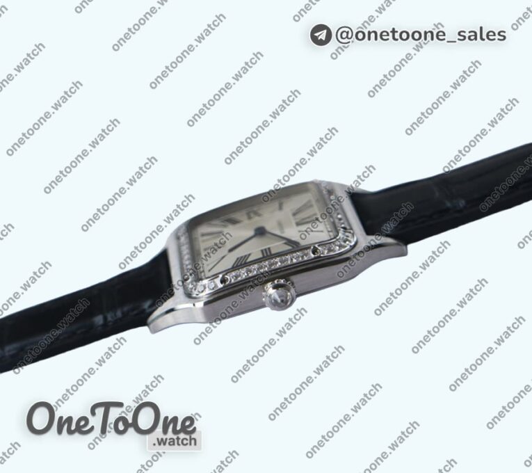 Реплика часов Cartier Santos De Cartier Stainless steel Diamonds Bezel Whtie Dial Leather Swiss Quartz
