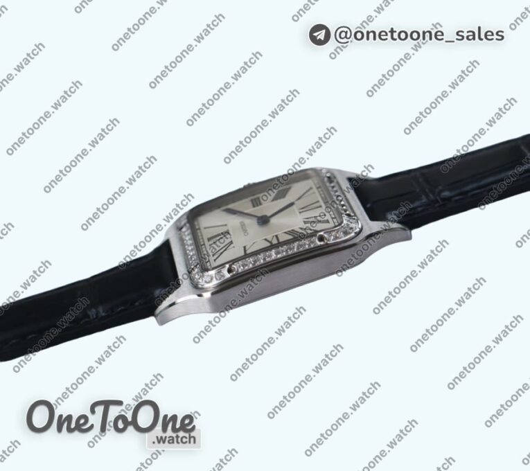 Реплика часов Cartier Santos De Cartier Stainless steel Diamonds Bezel Whtie Dial Leather Swiss Quartz