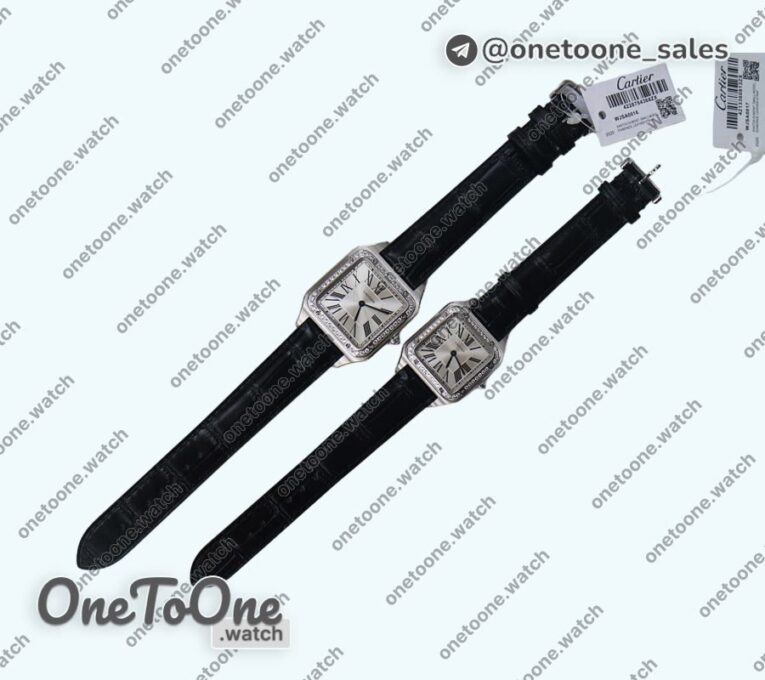 Реплика часов Cartier Santos De Cartier Stainless steel Diamonds Bezel Whtie Dial Leather Swiss Quartz