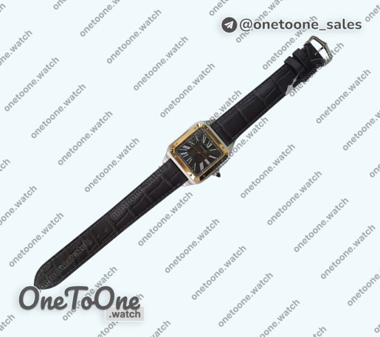 Реплика часов Cartier Santos De Cartier Stainless steel/Yellow gold Black Dial Leather Swiss Quartz