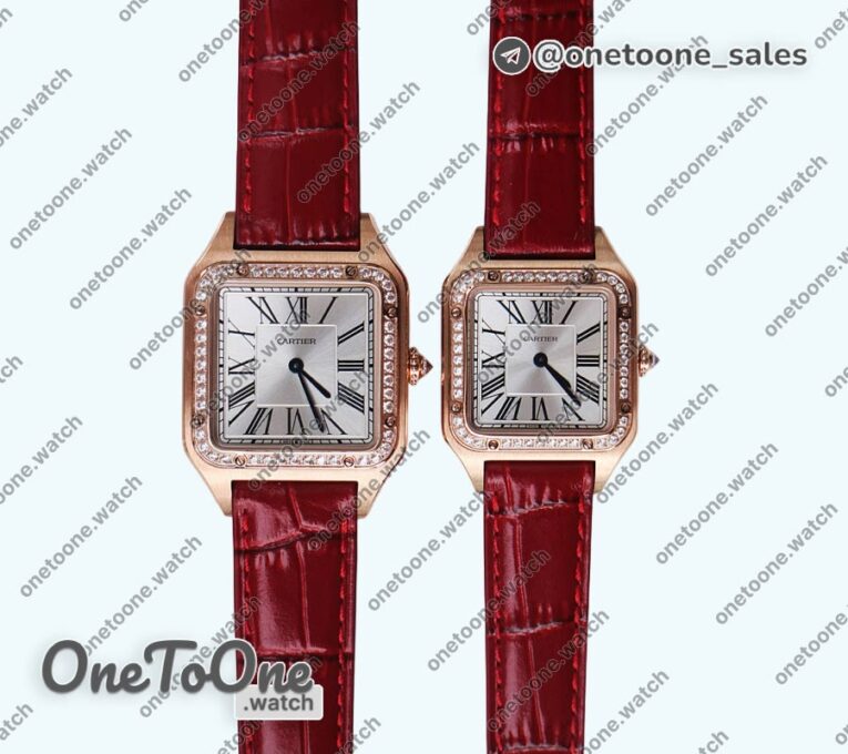 Реплика часов Cartier Santos De Cartier Rose gold Diamonds Bezel Whtie Dial Leather Swiss Quartz