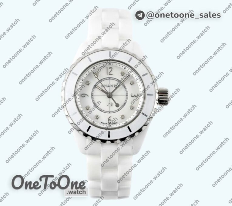 Реплика часов Chanel J12 Ladies 33mm Ceramic White MOP Dial Diamonds Marker Bracelet EAST Swiss Qtz