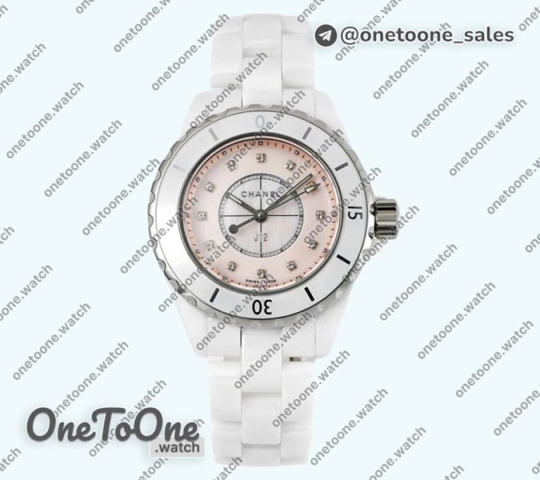 Реплика часов Chanel J12 Ladies 33mm Ceramic Pink MOP Dial Diamonds Marker Bracelet EAST Swiss Qtz