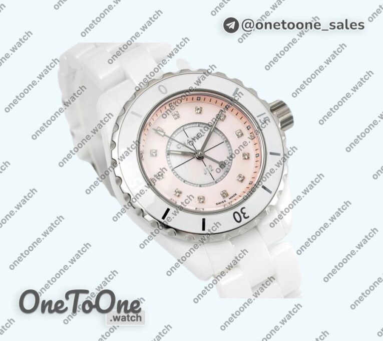Реплика часов Chanel J12 Ladies 33mm Ceramic Pink MOP Dial Diamonds Marker Bracelet EAST Swiss Qtz